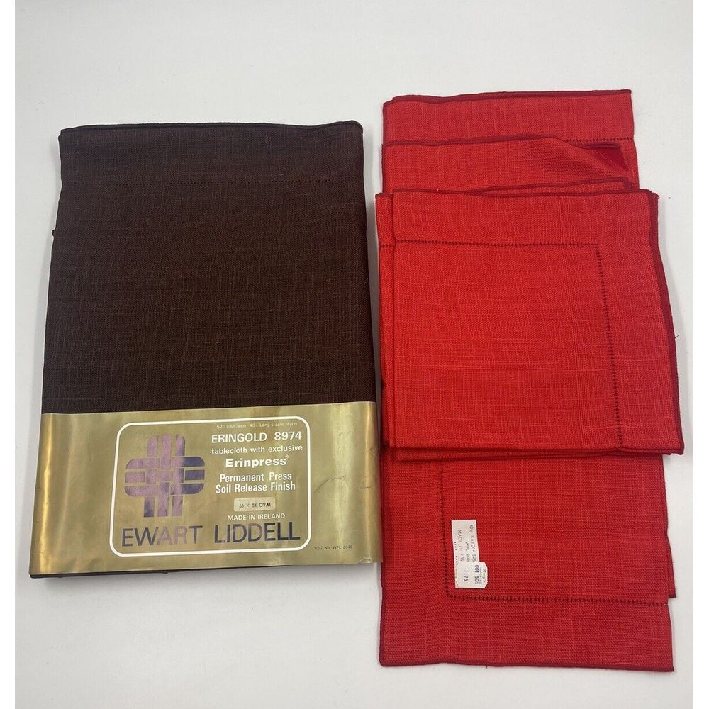 Vintage Linen Blend Table Cloth Brown 60"x84" Oval w/ Red Napkins Embroidered